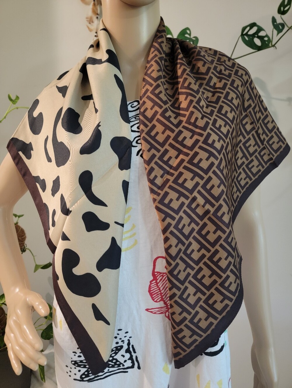 Designer-Inspired Two-Tone Cream and Brown Logo & Animal Print Scarf